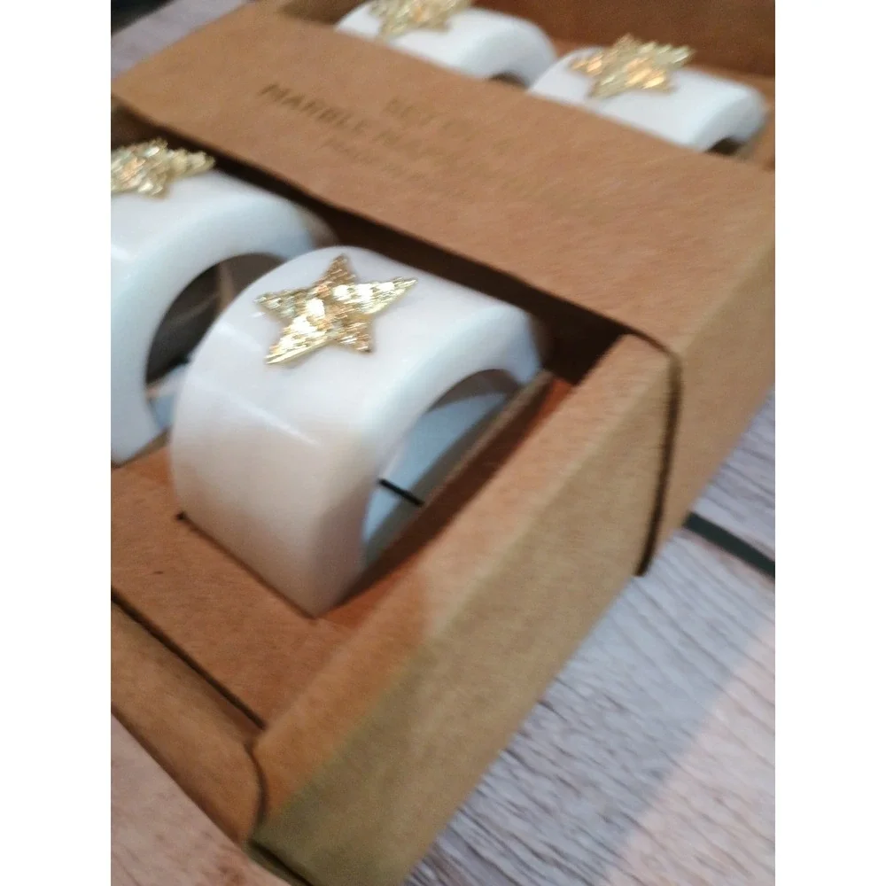 New Premium Set Of 4 Marble Napkin Rings Gold‎ Star Embellishments Made In India